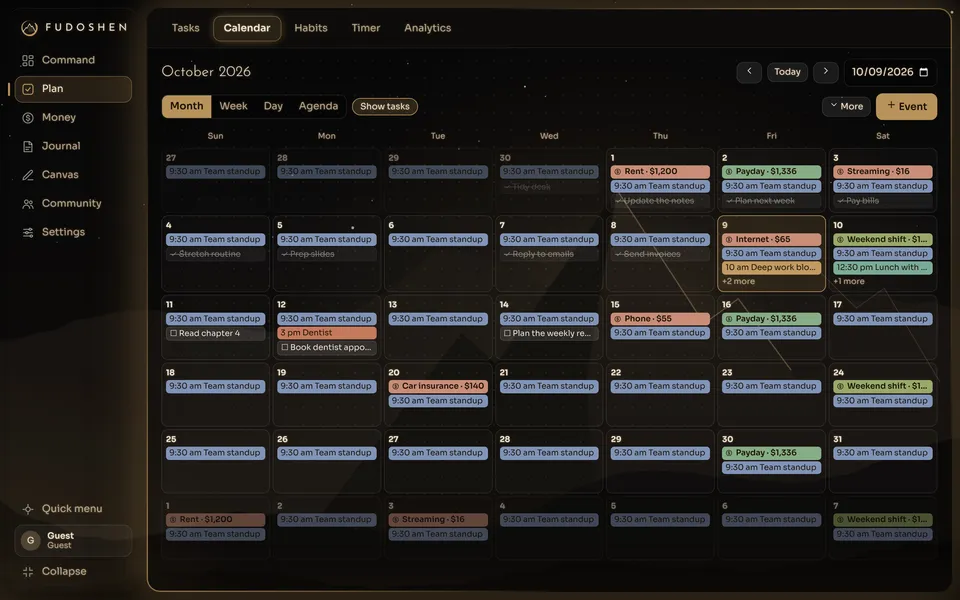 The monthly calendar with events, dated tasks, paydays and bills