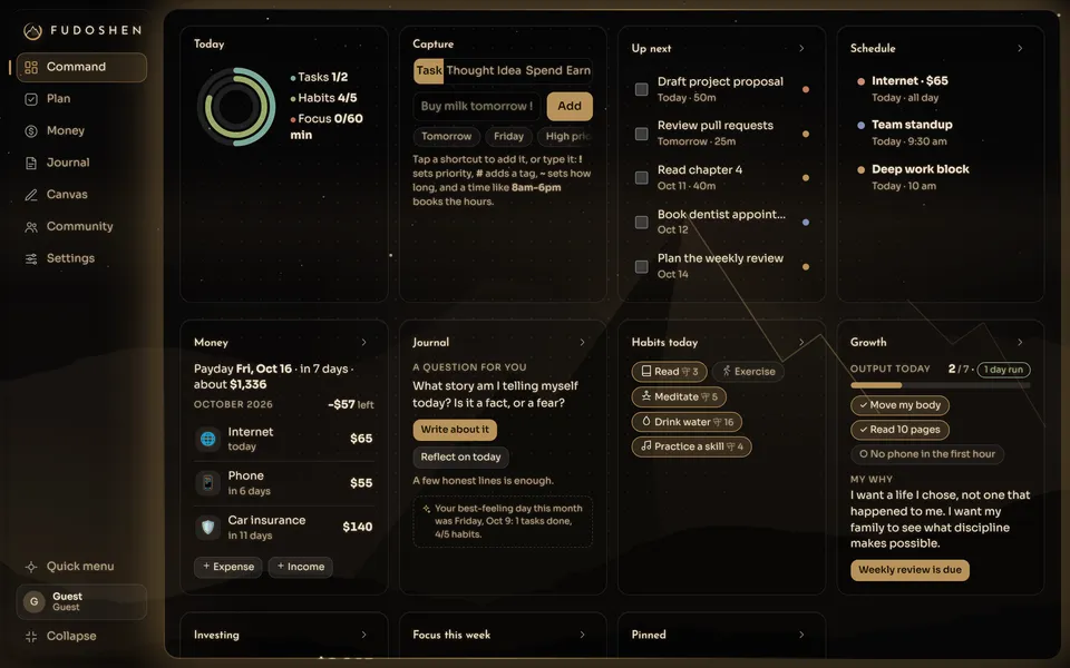 The Command screen with today’s progress, a capture box, upcoming tasks, schedule, money, journal, habits, growth, investing and focus cards