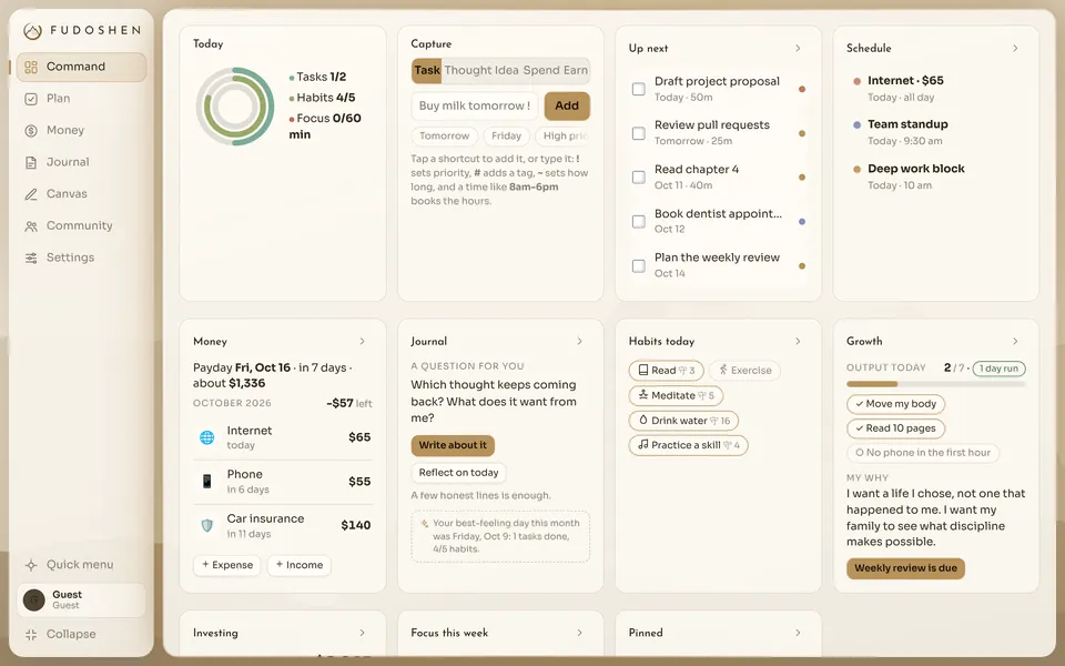 The Command screen with today’s progress, a capture box, upcoming tasks, schedule, money, journal, habits, growth, investing and focus cards