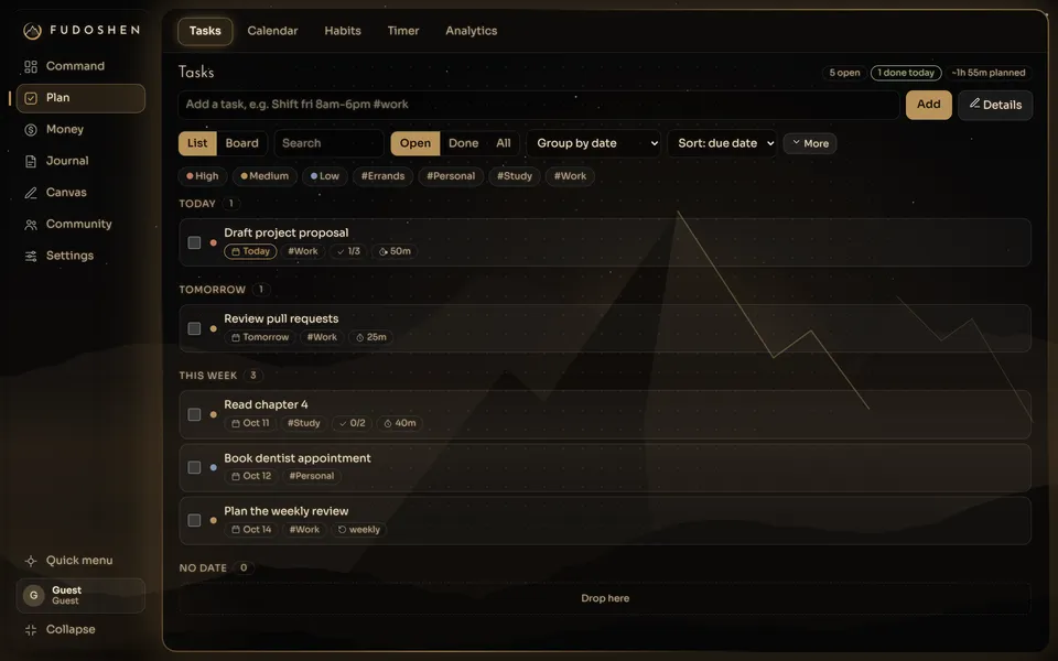 The Tasks list grouped by Today, Tomorrow and This week, with priorities, tags and time estimates